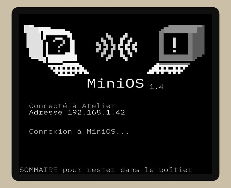 Écran Minitel en niveaux de gris : à gauche un Minitel 1B affiche un point d’interrogation, à droite un Minitel 2 affiche un point d’exclamation, des ondes passent de l’un à l’autre ; dessous, MiniOS 1.4 et la connexion Wi-Fi.