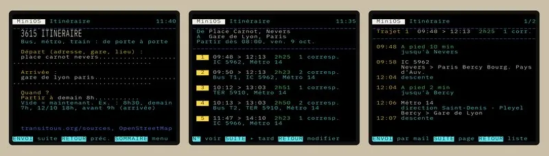 Trois écrans Minitel de 3615 ITINERAIRE : la saisie du départ (place Carnot, Nevers), de l’arrivée (gare de Lyon, Paris) et de l’heure ; la liste de cinq trajets avec horaires, durée et correspondances ; le détail du premier trajet, à pied, en Intercités puis en métro 14.