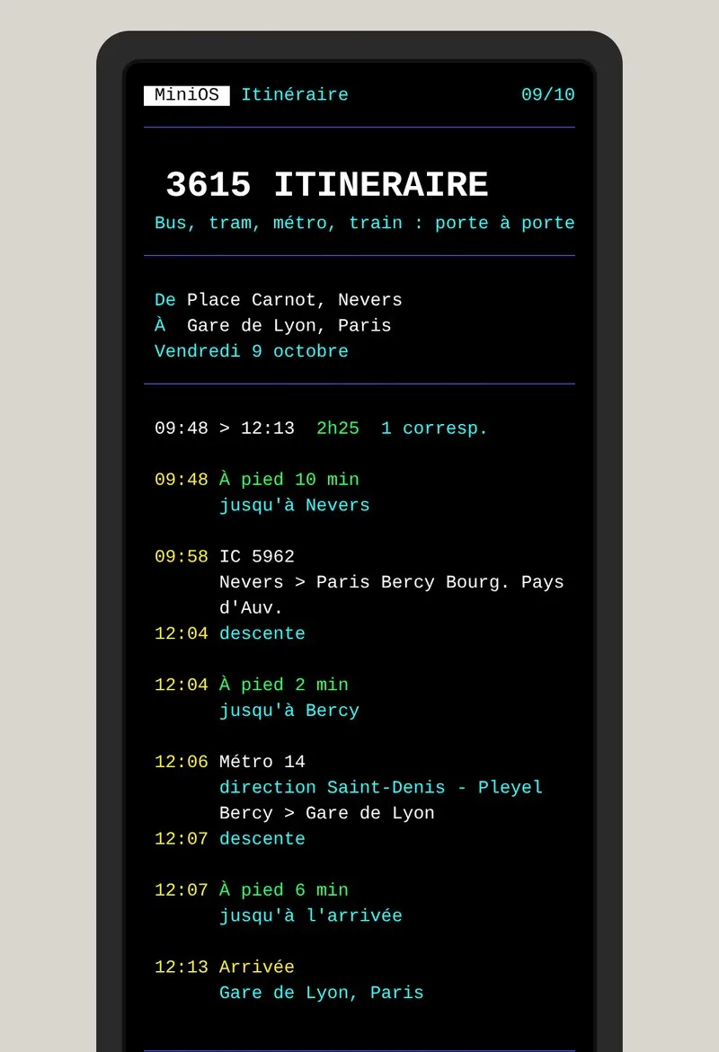 Le mail reçu, présenté comme un écran de Minitel : en-tête MiniOS, trajet de Nevers à la gare de Lyon heure par heure en couleurs Vidéotex : à pied, Intercités, métro 14, arrivée à 12 h 13.
