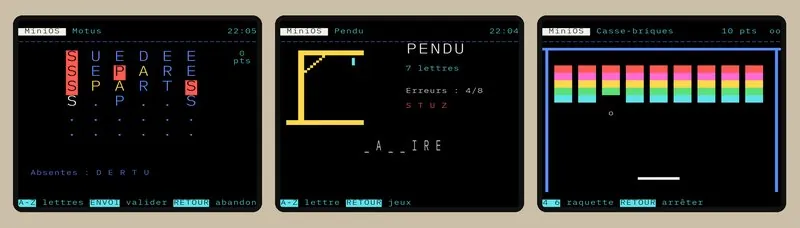 Trois écrans Minitel : une partie de Motus avec les lettres bien placées en rouge et mal placées en jaune, un Pendu avec la potence jaune et le mot à moitié trouvé, un Casse-briques avec son mur de briques de couleur, la balle et la raquette.