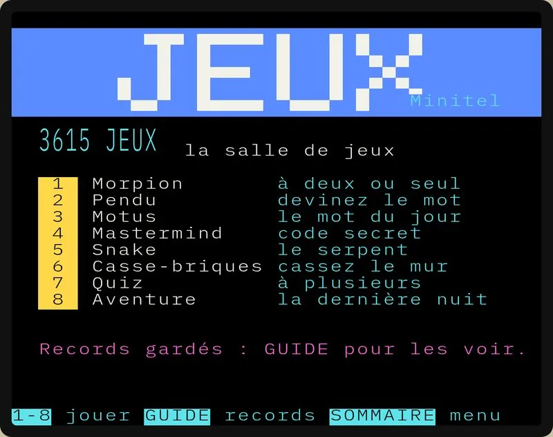 Écran Minitel : grand titre JEUX en semi-graphique sur bandeau bleu, puis la liste numérotée des huit jeux, de Morpion à Aventure, et l’invitation à consulter les records avec GUIDE.