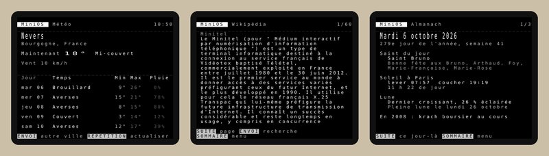 Trois écrans Minitel : la météo de Nevers sur cinq jours, l’article Wikipédia sur le Minitel, et l’almanach du jour avec le saint, le soleil et la lune.