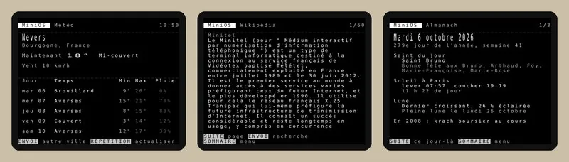 Trois écrans Minitel : la météo de Nevers sur cinq jours, l’article Wikipédia sur le Minitel, et l’almanach du jour avec le saint, le soleil et la lune.