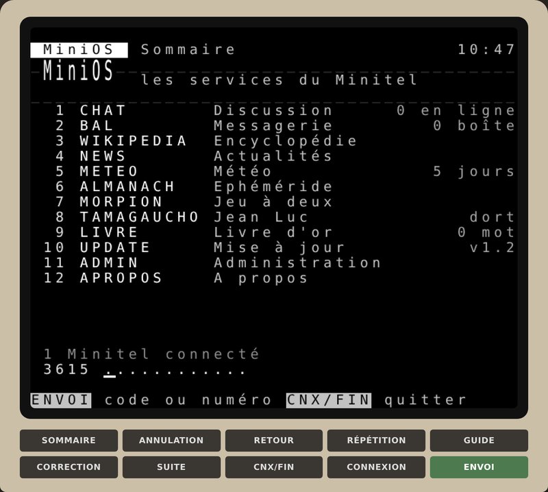 L’émulateur MiniOS : un boîtier beige façon Minitel, l’écran affiche le sommaire des douze services, de CHAT à APROPOS, avec la ligne de saisie 3615.