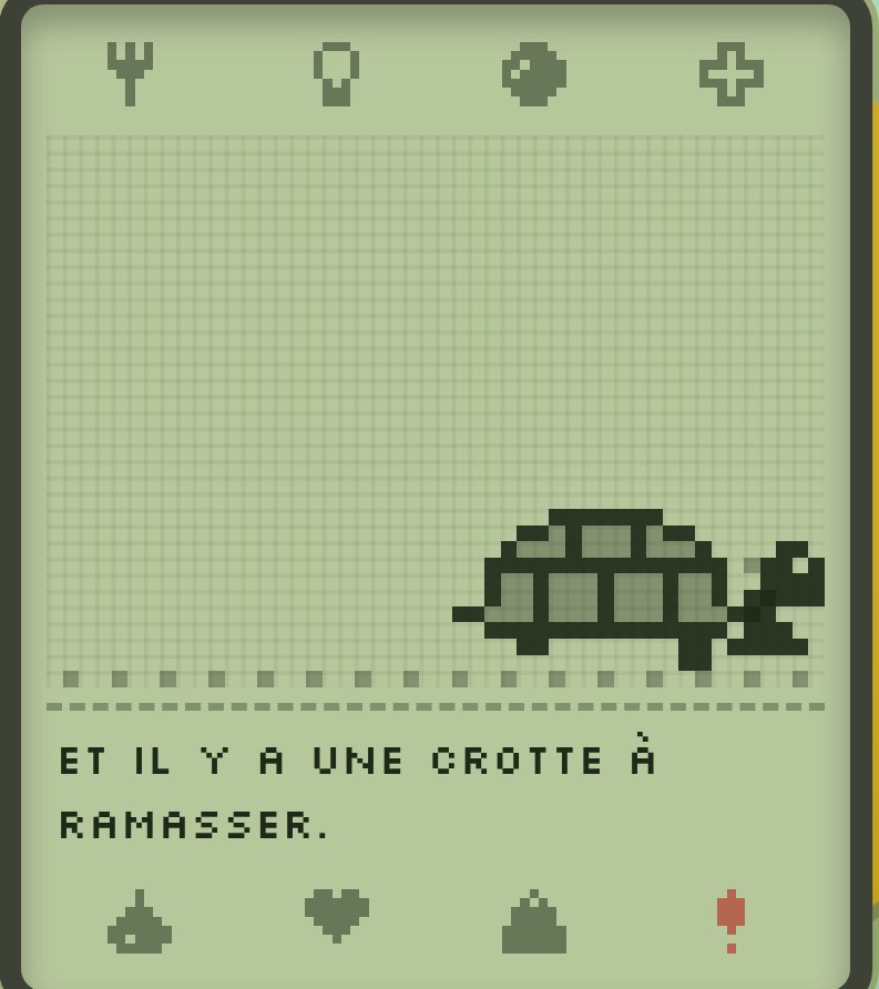 Gros plan sur l’écran LCD et Jean Luc la tortue en pixel art.