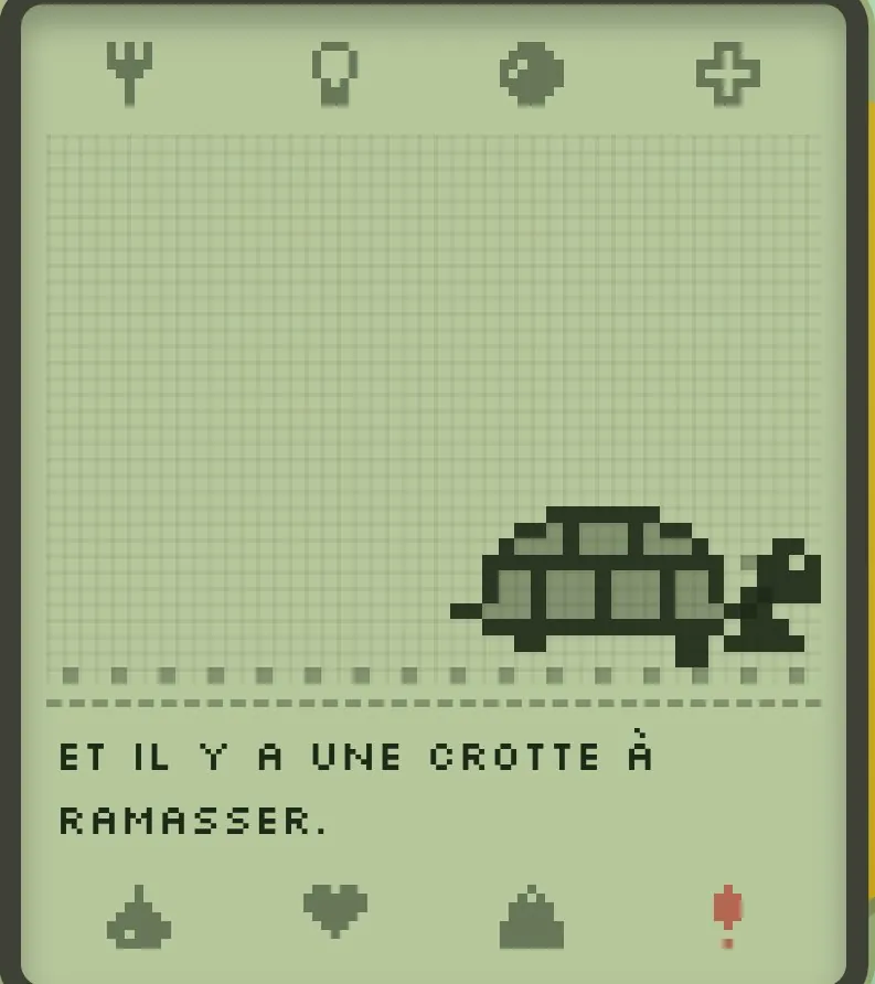 Gros plan sur l’écran LCD et Jean Luc la tortue en pixel art.