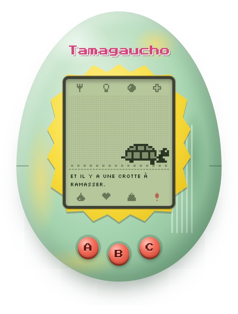 Le jouet Tamagaucho : une coque en forme d’œuf vert menthe, un écran LCD où marche Jean Luc la tortue, et trois boutons A, B et C.
