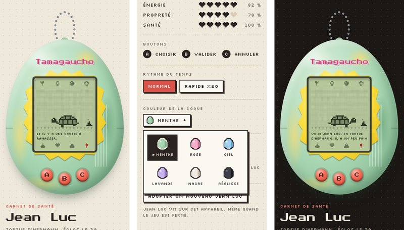 Trois écrans du jeu sur téléphone : la partie en thème clair, le carnet de santé avec la palette de coques, et le thème sombre.